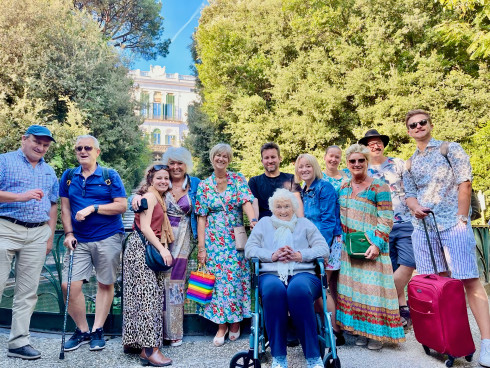 Group of wedding guests outside Villa Floridiana in Vomero, on a sunny day in the park the day after the wedding.