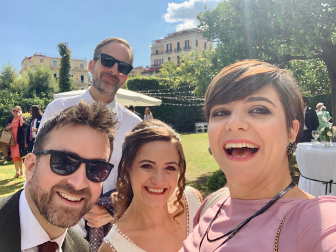 Jay and Filly in the garden with their friends from London, Anna and Graham.