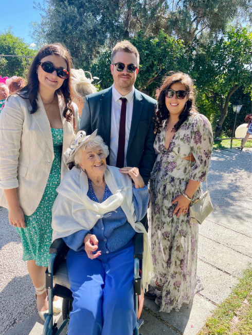 Grandma surrounded by Emma, Oliver, Lewis, and Laura.