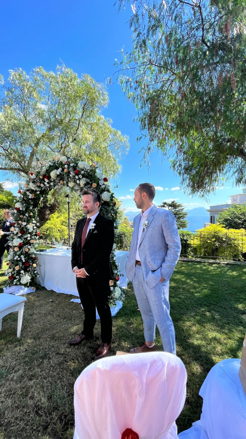 Jay and Dave, his best man, waiting at the alter.