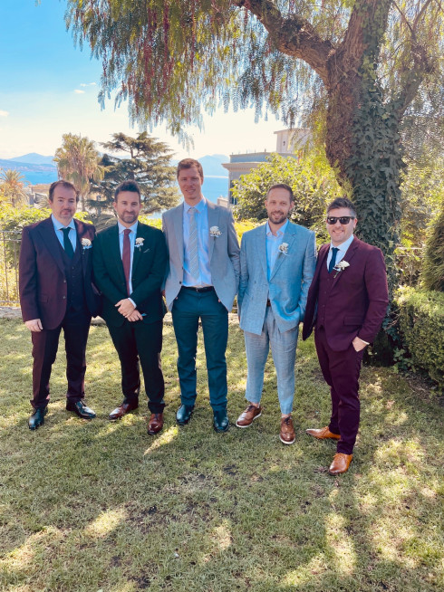 The groom men at the front of the wedding service. From left to right: Martin, Jay, Pete, Dave, and James.