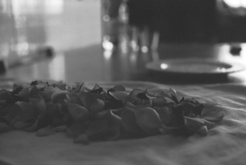 Close up of rose petals arranged on the dining table.