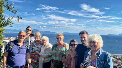 Wedding guests on an outing the day after the wedding.
